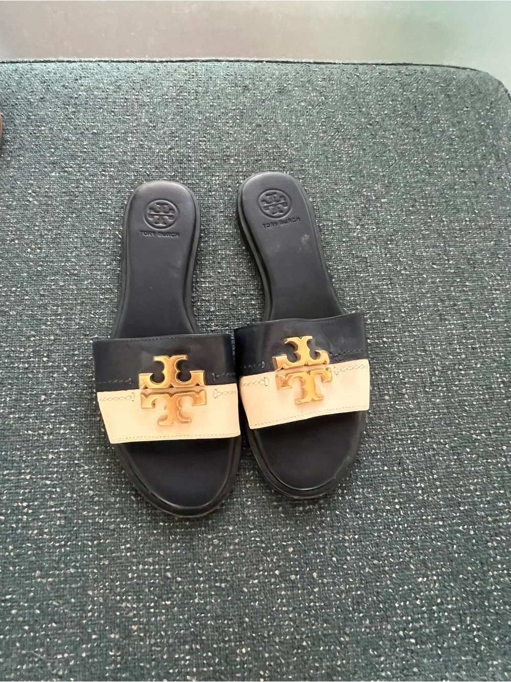 Tory Burch Black and Cream Logo Slide Mules